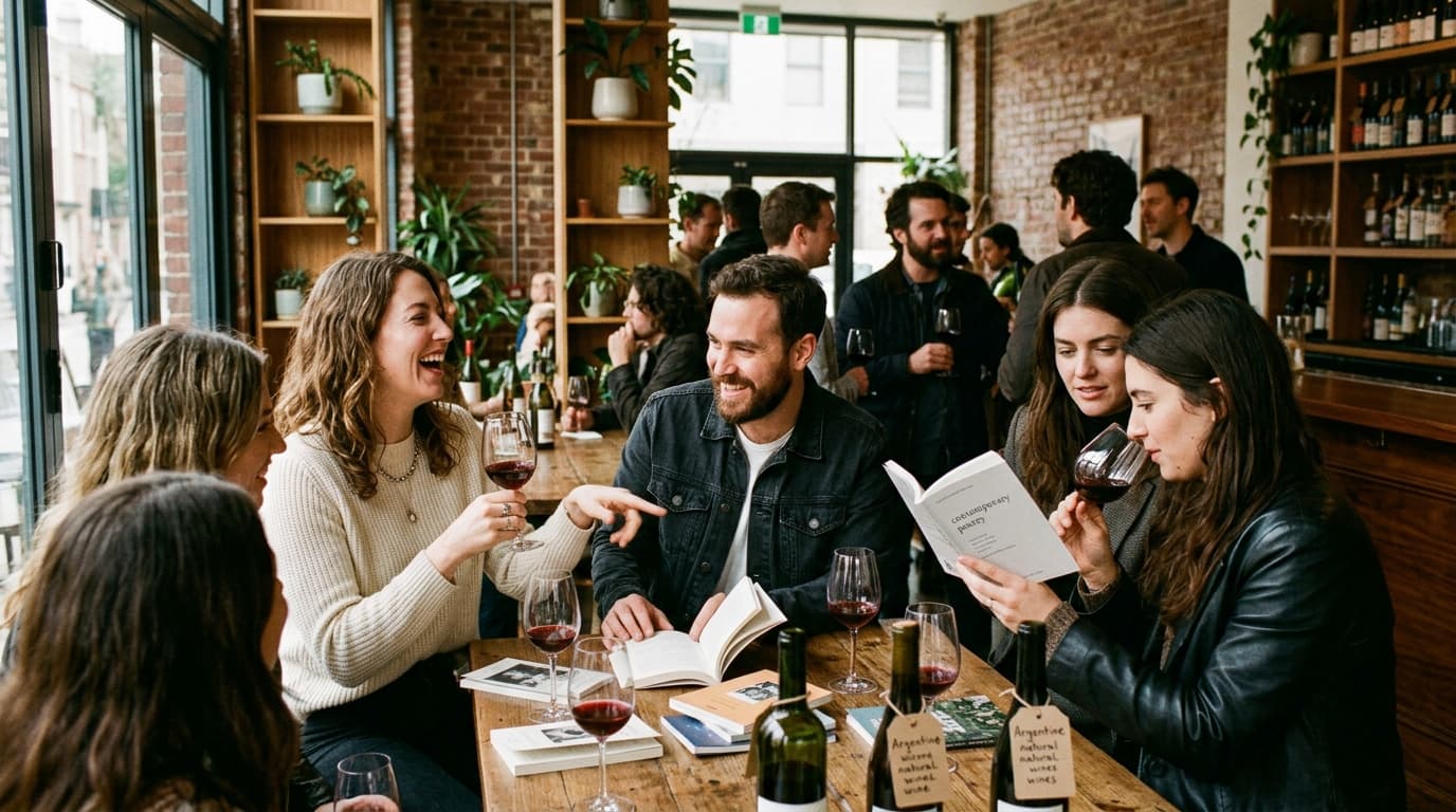 Jóvenes disfrutando una cata poética y vinos en un wine bar moderno de Buenos Aires